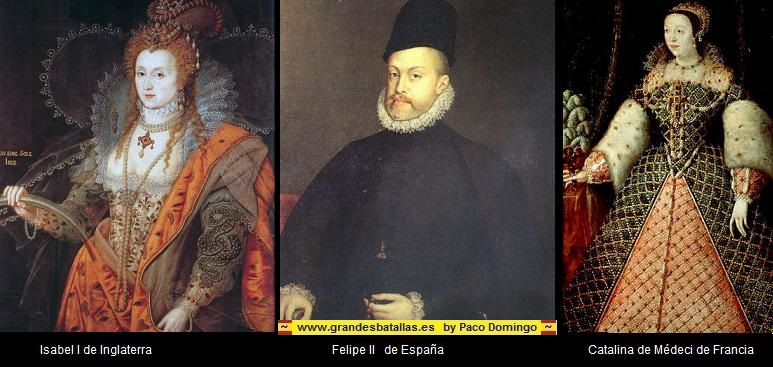los reyes de la batalla de las azores felipe II, Isabel II y catalina de medici